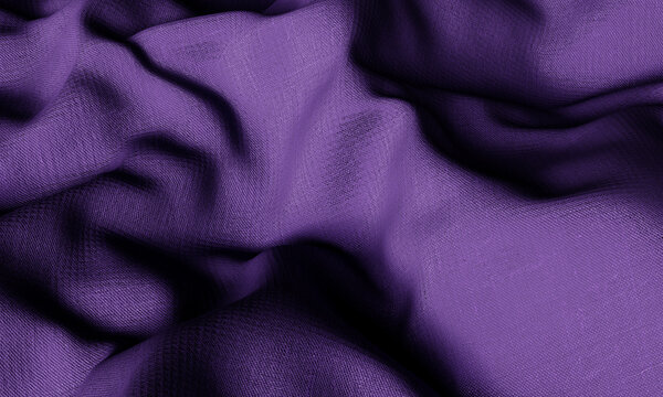 Fabric texture in purple color closeup. Dark silk satin background. Wavy folds of material. Mock up for product presentation. Clothing textile. Elegant pattern banner with space for design