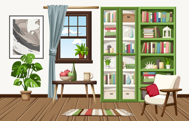 Living room interior design with green bookcases, a white armchair, a table, a window, and monstera houseplant. Cozy room interior design. Cartoon vector illustration
