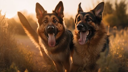 A German Shepherds dogs are having fun running around in the meadow Generative AI AIG18. - obrazy, fototapety, plakaty