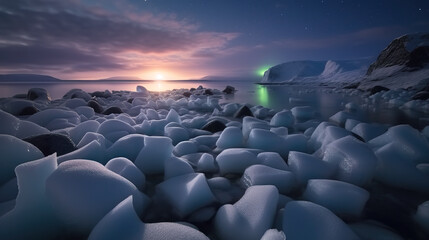 Fototapeta na wymiar A green aurora borealis lights over a rocky beach. Generative AI.
