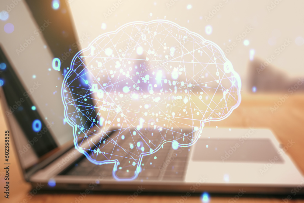 Aufkleber Double exposure of creative human brain microcircuit with computer on background. Future technology and AI concept