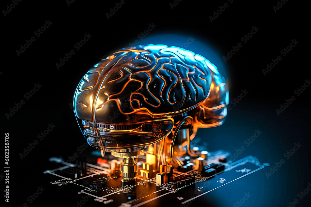 Poster ai chipset with human brain on computer circuit board. artificial intelligence, data mining, and dee