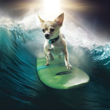 Chihuahua domando la ola al atardecer. Generative AI