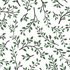 Vector Seamless Pattern with Tree Brunches. Flat Cartoon Twig with Green Leaves on White Background. Spring, Summer Design - Leaves, Brunches, Plants, Herbs. Vector Illustration