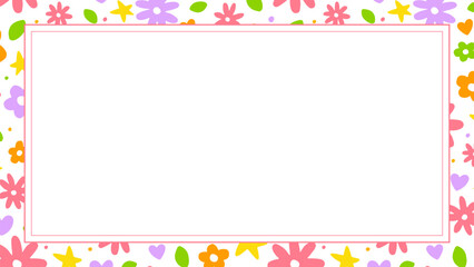 Cute Confetti Daisy Flower Heart Star Leaf Sprinkle Sparkle Flower Ditsy Shine Dot Doodle Handdrawn Colorful Rectangle Card Border Frame Template Banner Copy Space for Spring Summer Party Celebration