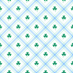 Cute Shamrock Lucky Irish leaf Element Blue Green Diagonal Stripe Striped Line Tilt Checkered Plaid Tartan Buffalo Scott Gingham Pattern Illustration Wrapping Paper, Picnic Mat, Scarf, Tablecloth, 