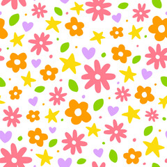 Cute Confetti Daisy Flower Heart Star Leaf Sprinkle Sparkle Flower Ditsy Shine Dot Doodle Handdrawn Colorful Rectangle Card Border Frame Template Banner Copy Space for Spring Summer Party Celebration
