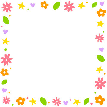 Cute Confetti Daisy Flower Heart Star Leaf Sprinkle Sparkle Flower Ditsy Shine Dot Doodle Handdrawn Colorful Square Card Border Frame Template Banner Copy Space for Spring Summer Party Celebration