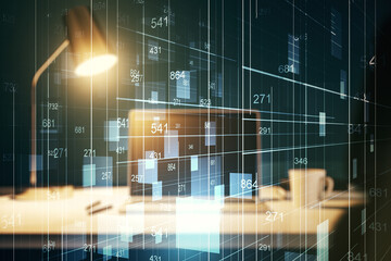 Multi exposure of stats data illustration on modern laptop background, computing and analytics concept