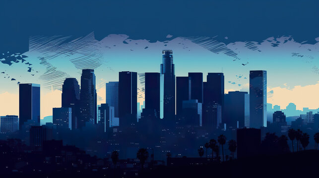 A view of a city skyline with palm trees in the foreground. Generative AI. 