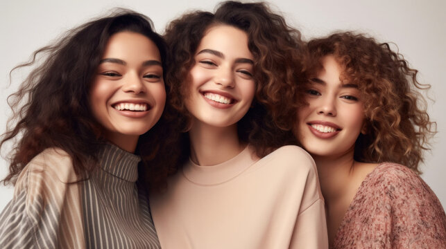 Multicultural young women laughing together, capturing the essence of unity. Generative AI