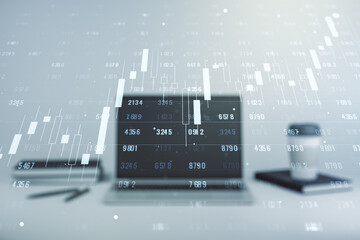 Multi exposure of abstract statistics data hologram interface on computer background, computing and analytics concept