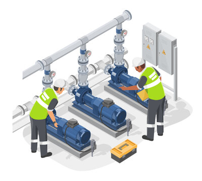 Industrial Water Pumps system room technician and Engineer inspection and Maintenance Service Factory working concept isometric isolated cartoon vector