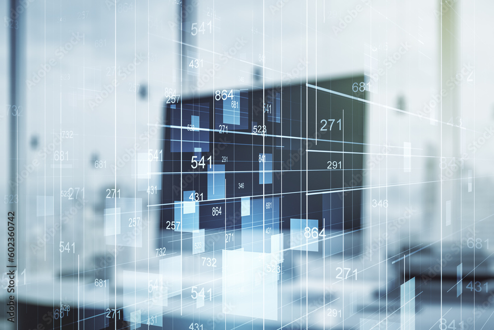 Aufkleber multi exposure of abstract statistics data hologram interface on computer background, computing and 