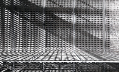 Interior of metallic panel of grids. Industrial interiors. 3d render.