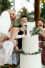 a happy bride and her husband-groom cut the wedding cake while outside. wedding banquet outdoors in...