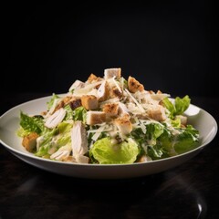Caesar salad with chicken and parmesan cheese on black background - made with generative AI