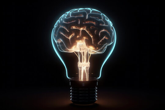 Glowing brain inside a light bulb represents the power of inspiration and the potential for innovative thinking. This image is perfect for showcasing the concept of cognitive insight. AI Generative