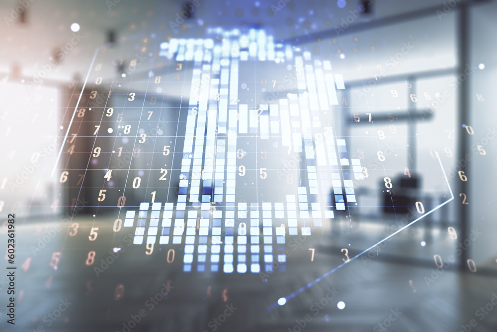 Poster Double exposure of creative Bitcoin symbol hologram on a modern furnished office interior background. Mining and blockchain concept
