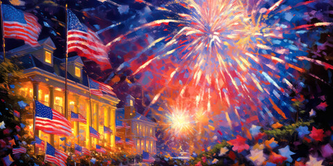 Fireworks display, 4th of July, painting. Generative AI - obrazy, fototapety, plakaty