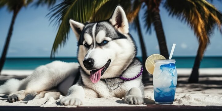 Siberian Husky dog is on summer vacation at seaside resort and relaxing rest on summer beach of Hawaii Generative AI