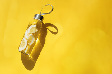 Lemon water drink detox in bottle, hard shadow at sunlight on yellow background. Wellness, diet, eating healthy concept. Modern glass reusable water bottle, eco friendly lifestyle minimal photo