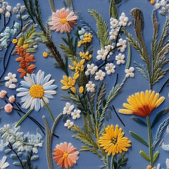 embroidery seamless pattern with wildflowers. Generative AI