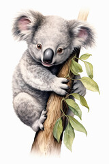 Acuarela de un adorable bebé koala subido a una rama de arbol de eucalipto