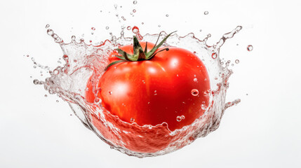 Tomate rojo con agua salpicando sobre fondo blanco. Ilustracion de IA generativa