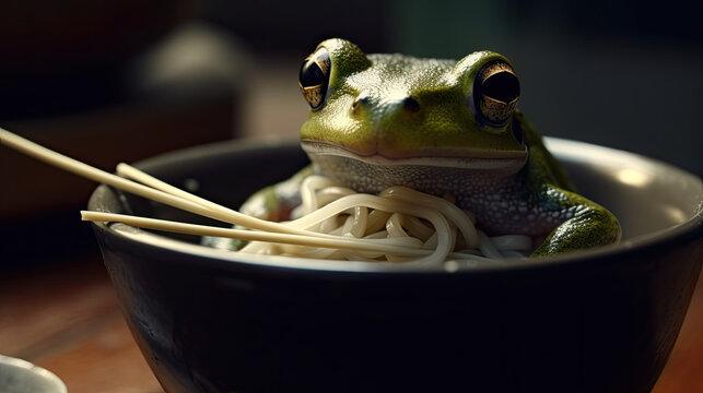 frog in noodles bowl, frog eating noodles  created with Generative AI technology