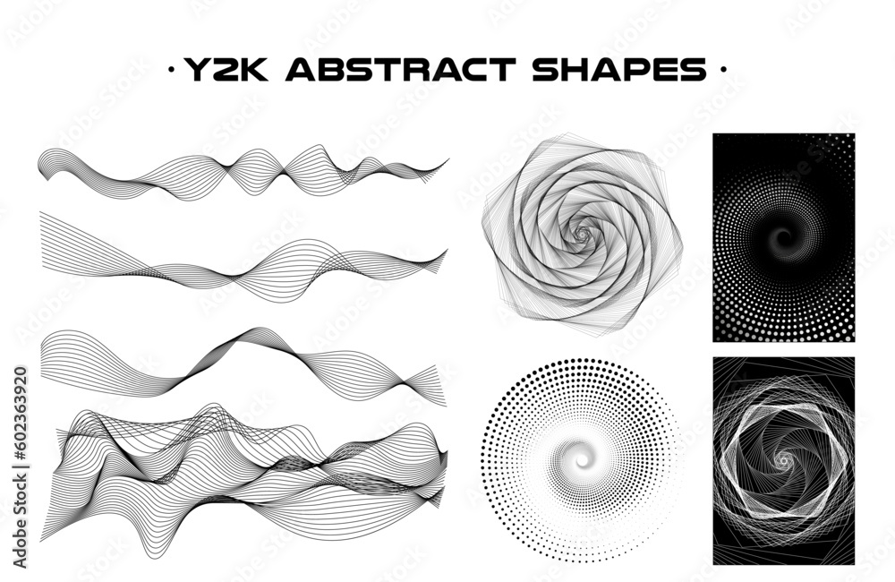Poster Set of abstract aesthetic y2k geometric elements and wireframe shapes. Black and white retro line design elements. Vector isolated illustration for social network or poster on transparent background.