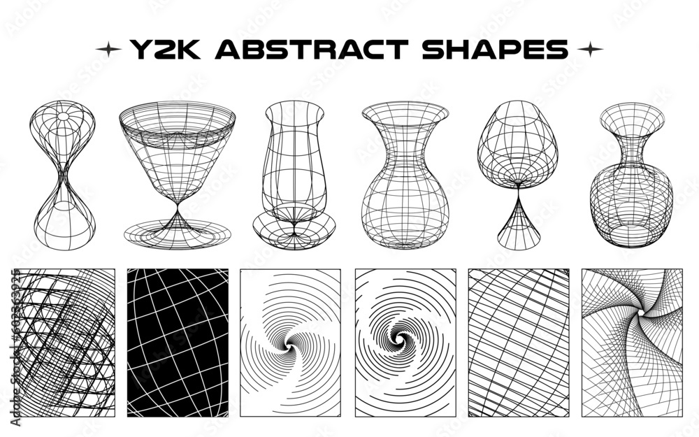 Poster Set of abstract aesthetic y2k geometric elements and wireframe shapes. Black and white retro line design elements. Vector illustration for social networks or posters. EPS 10
