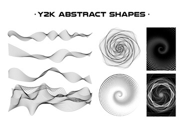 Set of abstract aesthetic y2k geometric elements and wireframe shapes. Black and white retro line design elements. Vector isolated illustration for social network or poster on transparent background. © Tami Yako