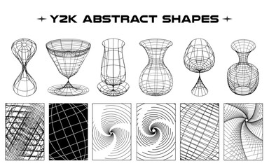 Set of abstract aesthetic y2k geometric elements and wireframe shapes. Black and white retro line design elements. Vector illustration for social networks or posters. EPS 10