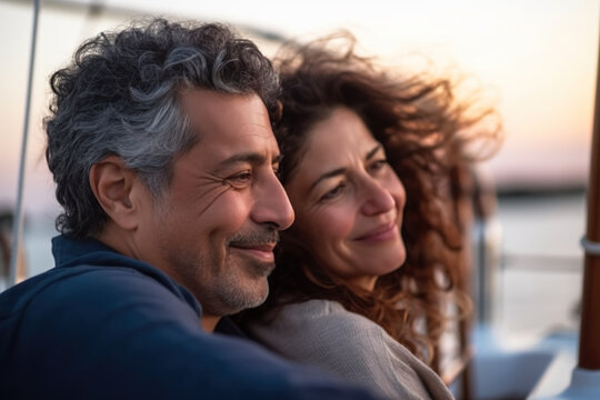 Smiling senior couple in love enjoying a romantic sunset on yacht in the sea, Generative AI