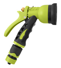 Gardening tool equipment. Garden Hose Pipe Spray Gun for lawn watering. Watering the courtyard and taking care of the vegetable garden and flowers. Top view isolated on white background