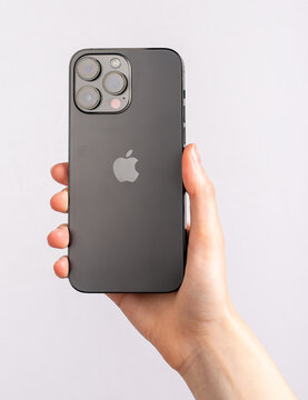 Lodz, Poland May 14 2023 Iphone 14 pro max back side view with camera block and shiny apple logo