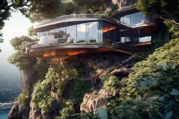 Magnificent modern house built on a cliff, generative ai