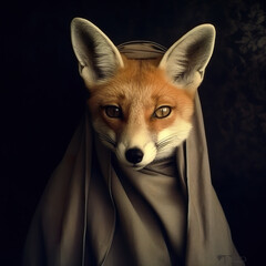 Fototapeta premium A red fox wearing a cloak and looking at the camera. Generative AI. Fox as a nun.