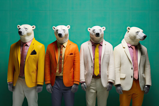 polar bear boy band with colorful suit created with Generative AI technology