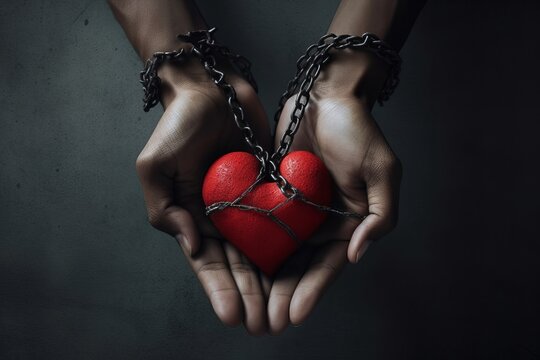 A surreal image of a person holding a red heart in hands connected by a chain, symbolizing the breaking of racial barriers. Generative AI