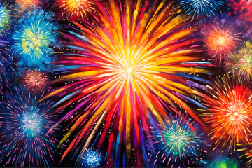 Fototapeta na wymiar Fireworks watercolor painting. Generative AI