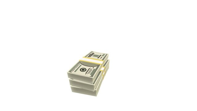 Piles of paper money grow up animation on white background.