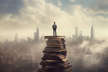 A writer standing on a giant stack of books, with a city skyline visible in the background, creating a surreal and metaphorical image of a writer's knowledge and creativity. Generative AI - obrazy, fototapety, plakaty