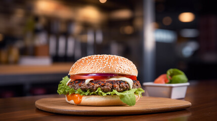 Cheese burger - American cheese burger with Golden French fries on wooden table, Generative Ai