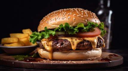 Cheese burger - American cheese burger with Golden French fries on wooden table, Generative Ai
