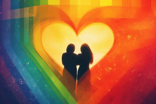 Surreal image of two people, holding hands, surrounded by a rainbow-colored background, symbolizing love and acceptance. Generative AI