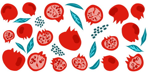 Pomegranate. Vector set, hand drawn illustrations in flat style. Careless drawings. Elements for design