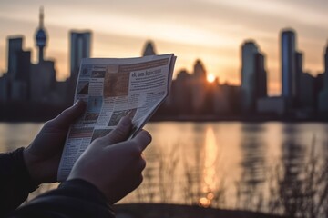 A hand holding a newspaper in front of a city skyline, with a blurred background. The focus is on the newspaper, which appears crisp and clear. Generative AI