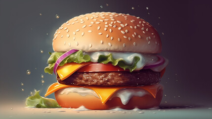 Closeup view of Hamburger with cheese and vegetables on dark background, Generative Ai